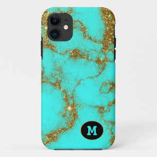 Modern Turquoise & Gold Stone Crystal Personalize iPhone 11 Case