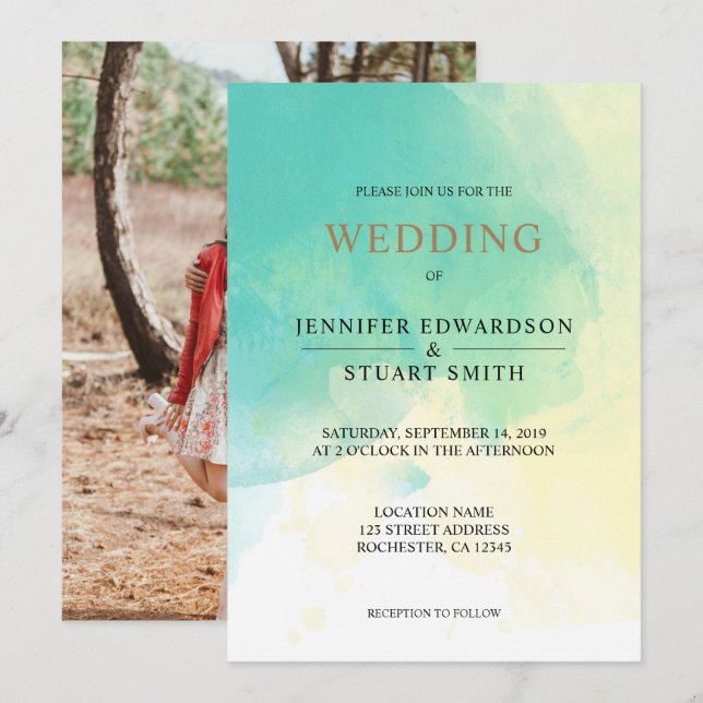 Modern turquoise gold watercolor photo Wedding Invitation (Front/Back)