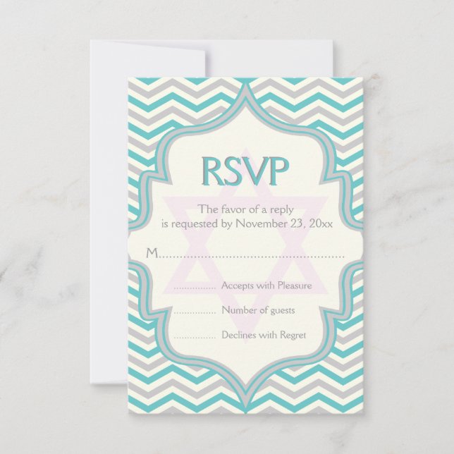 Modern turquoise grey chevron Bat Mitzvah RSVP Card (Front)