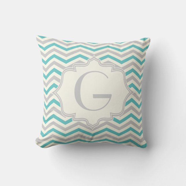 Modern turquoise, grey, ivory chevron pattern throw pillow (Front)