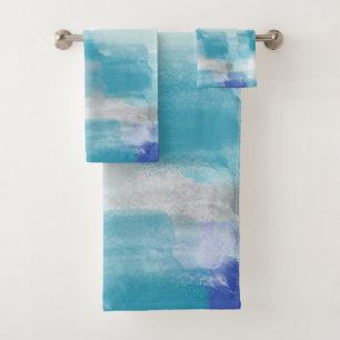 Modern Turquoise & Grey Watercolor Abstract Art   Bath Towel Set