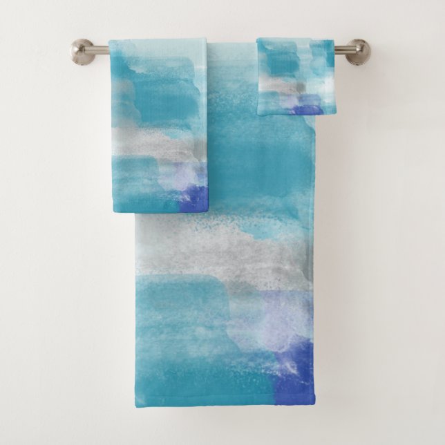 Modern Turquoise & Grey Watercolor Abstract Art   Bath Towel Set (Insitu)