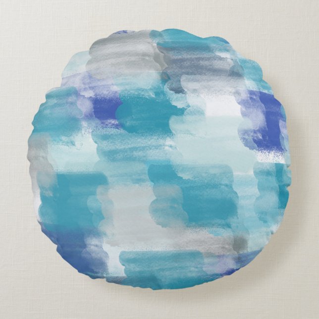 Modern Turquoise & Grey Watercolor Abstract Art  Round Pillow (Front)