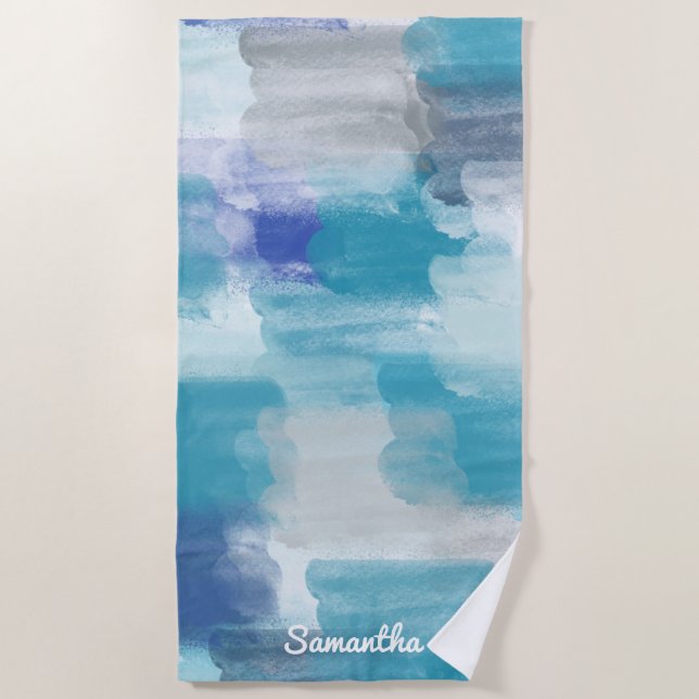 Modern Turquoise & Grey Watercolor Ocean Beach Towel (Front)
