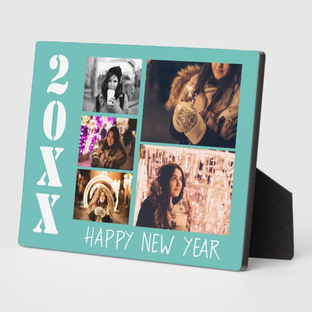Modern Turquoise Happy New Year 5 Photo Collage Plaque (Side)