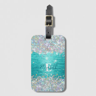 Modern Turquoise Holographic Faux Glitter Monogram Luggage Tag