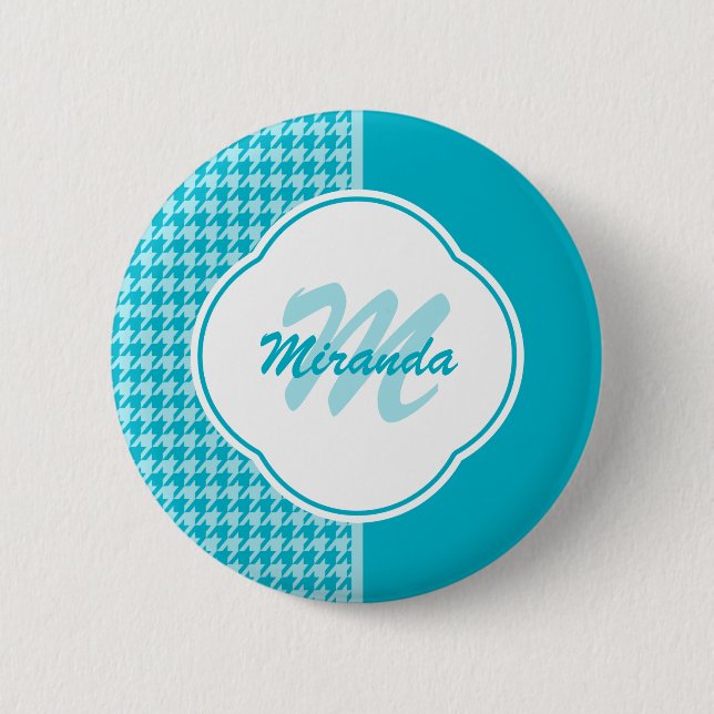 Modern Turquoise Houndstooth Monogram and Name 2 Inch Round Button (Front)