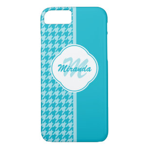 Modern Turquoise Houndstooth Monogram and Name iPhone 8/7 Case