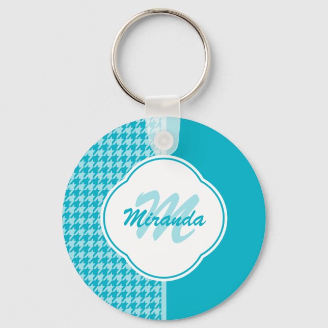 Modern Turquoise Houndstooth Monogram and Name Keychain (Front)