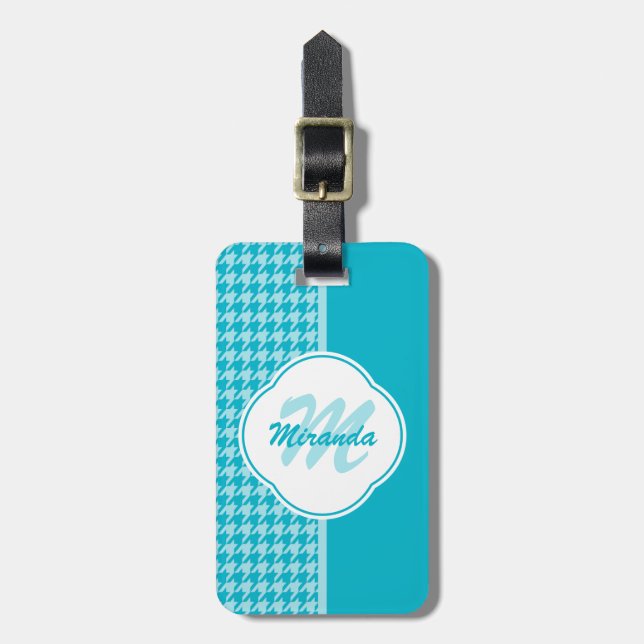 Modern Turquoise Houndstooth Monogram and Name Luggage Tag (Front Vertical)