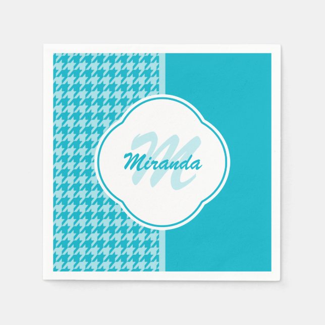 Modern Turquoise Houndstooth Monogram and Name Napkin (Front)