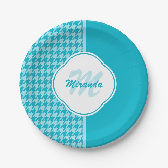 Modern Turquoise Houndstooth Monogram and Name Paper Plate (Front)