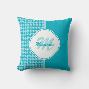 Modern Turquoise Houndstooth Monogram and Name Throw Pillow