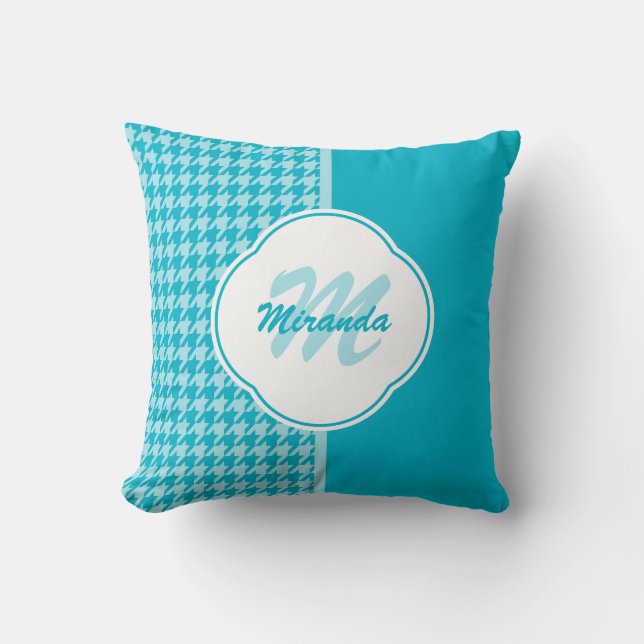 Modern Turquoise Houndstooth Monogram and Name Throw Pillow (Front)