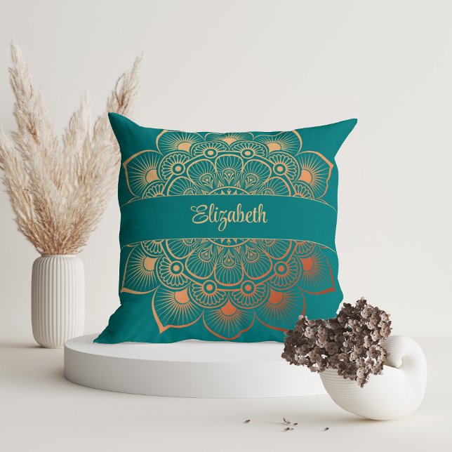 Modern Turquoise Mandala Custom Name Throw Pillow (Modern Turquoise Mandala Custom Name Throw Pillow in a white room with dry flowers)