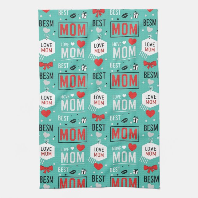 Modern Turquoise MOM Typography Pop Pattern Kitchen Towel (Vertical)