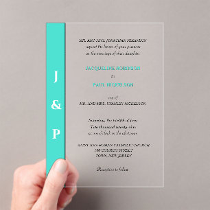 Modern Turquoise Monogram Bride and Groom  Acrylic Invitations