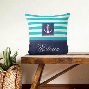 Modern Turquoise Navy Anchor Design Personalized Throw Pillow