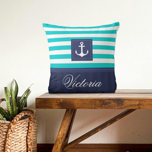Modern Turquoise Navy Anchor Design Personalized Throw Pillow (Creator Uploaded)