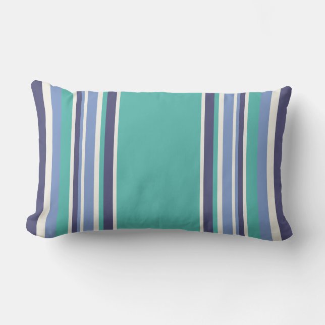 Modern Turquoise Navy Blue Striped Outdoor Lumbar Pillow (Front)