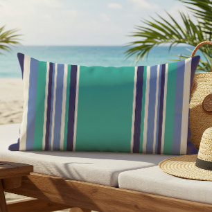 Modern Turquoise Navy Blue Striped Outdoor Lumbar Pillow