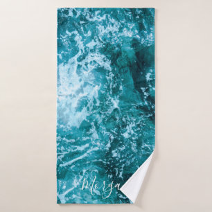 Modern Turquoise Ocean Waves Custom Bath Towel