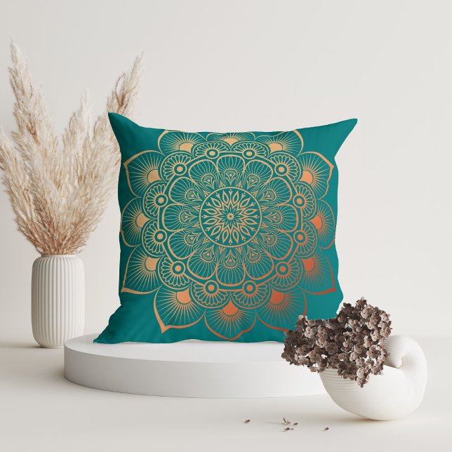 Modern Turquoise Peach Mandala Throw Pillow (Modern Turquoise Peach Mandala Throw Pillow in a white room with dry flowers)