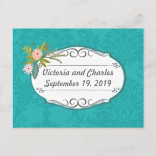 Modern Turquoise Pink and Coral Damask Wedding Postcard