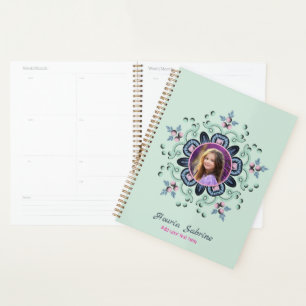 Modern turquoise Pink Floral Mandala Doodles Photo Planner