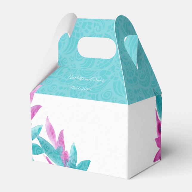 Modern Turquoise Pink Tropical Abstract Flowers Favor Box (Front Side)