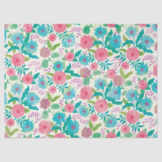 Modern Turquoise Pink Watercolor Floral Pattern Tissue Paper (Front)