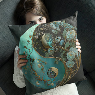 Modern Turquoise Taijitu Yin and Yang Contemporary Throw Pillow