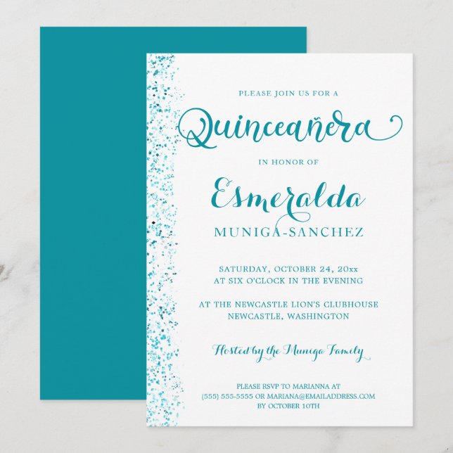 Modern Turquoise Teal Silver Sparkle Quinceanera Invitation (Front/Back)