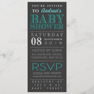 Modern Turquoise Typography Baby Shower Long Invitation