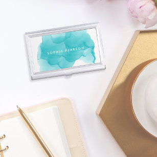 Modern Turquoise Watercolor   Personalized Business Card Holder