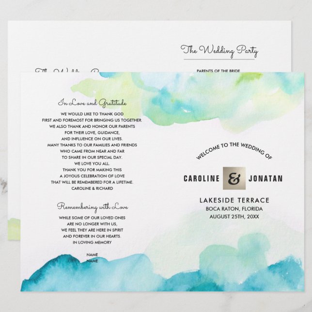 Modern Turquoise Watercolor Wedding Programs (Front/Back)