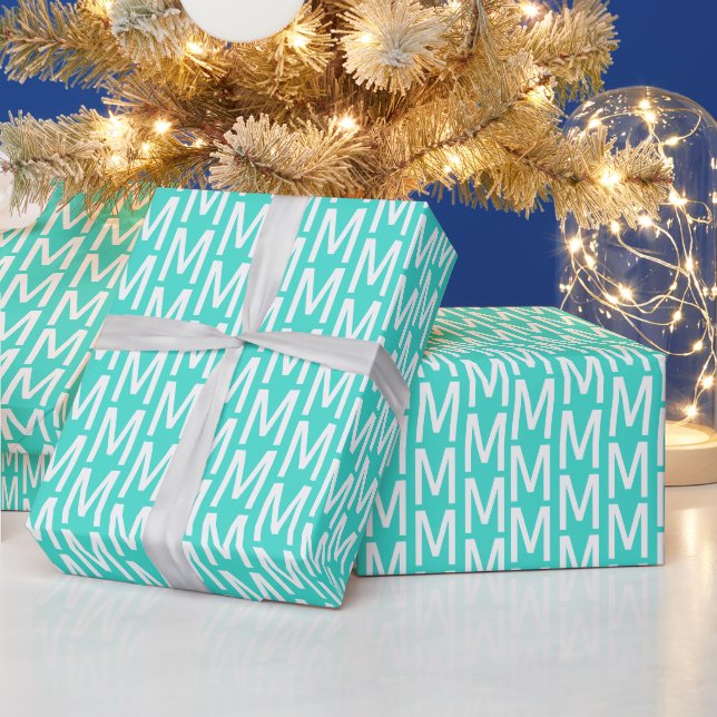 Modern turquoise white custom monogram initial wrapping paper (Holidays)