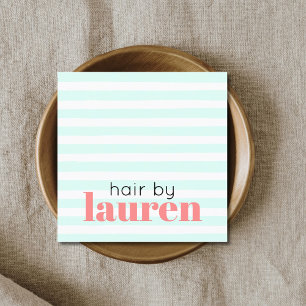Modern Turquoise White Stripes Bold Hair Square Business Card