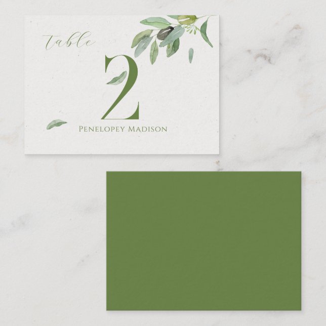 Modern Tuscany Olive Leaves Branch-Table Number Place Card (Front/Back)