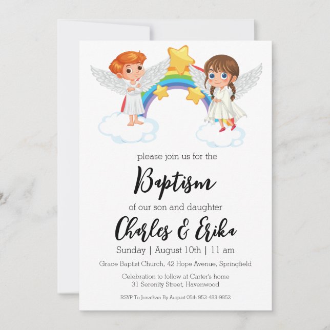 modern twin baptism invitations (Front)