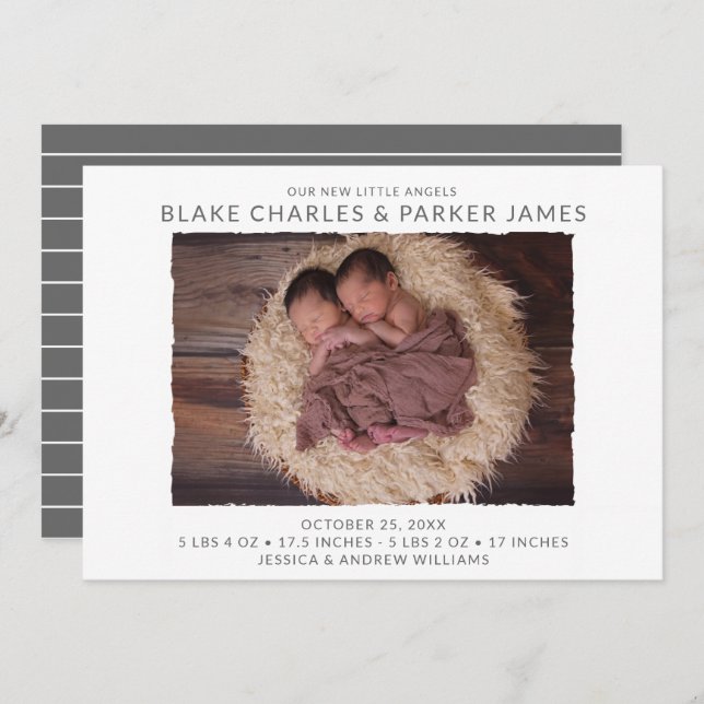 Modern Twin Photo Birth Announcement (Front/Back)