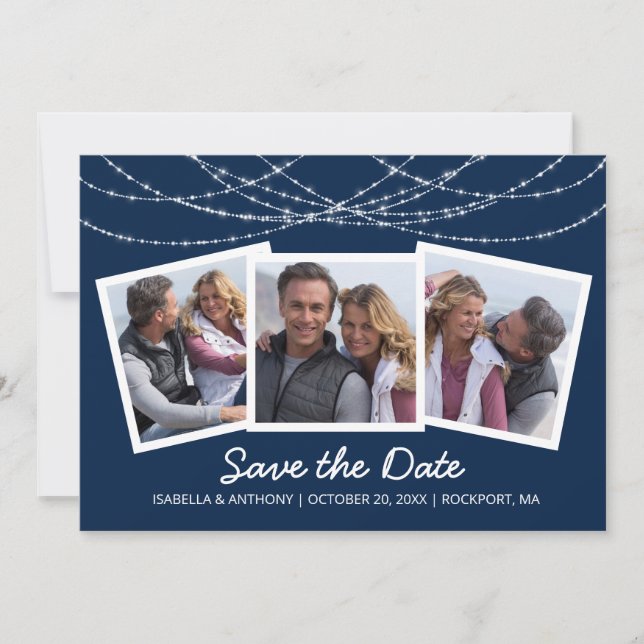 Modern Twinkle String Light Blue 3-Photo Save The Date (Front)