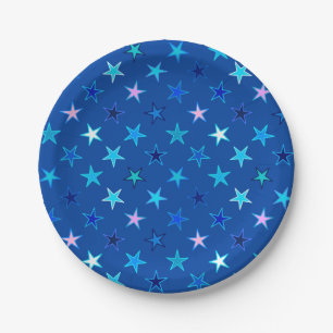 Modern Twinkling Stars, Cobalt Blue and Turquoise Paper Plate