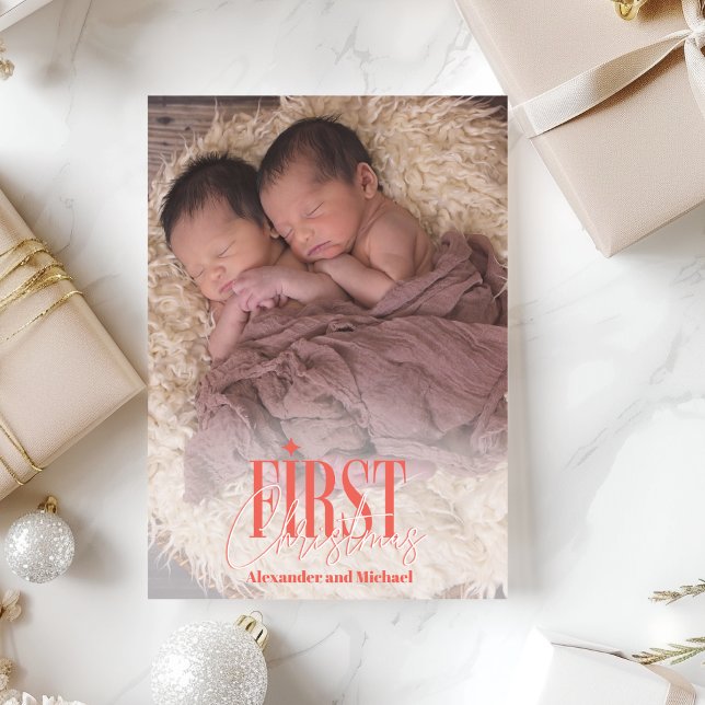 Modern Twins First Christmas Custom Photo Holiday Card (Creator Uploaded)