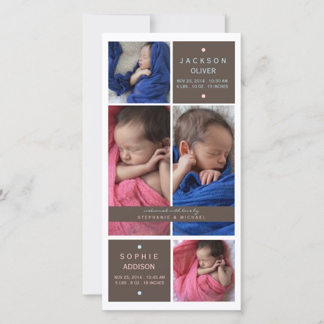 Modern Twins Photo Boy Girl Birth Announcement (Front)