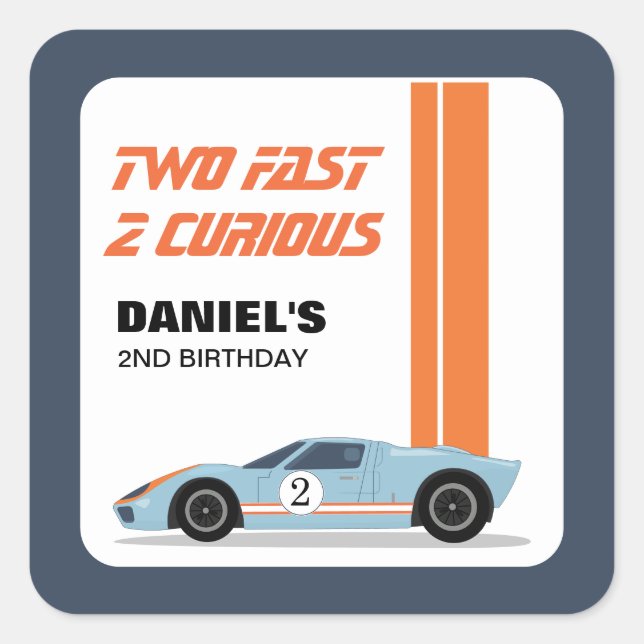 Modern Two Fast Race Car 2nd Birthday Square Sticker (Front)