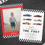 Modern Two Fast Racecar Boy 2nd Birthday Invitation<br><div class="desc">This fun second birthday invitation has multicolor assorted raceclipart and a race stripe border. The unique back of the invitation has a matching blue and race stripe border with your child's photo.</div>