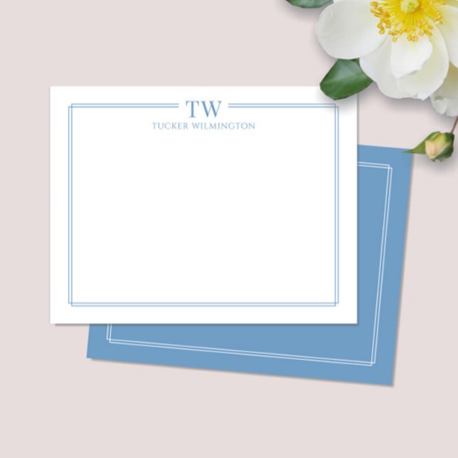 Modern Two Initials Light Blue Border Stationery Card (Creator Uploaded)