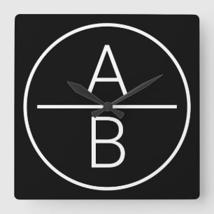 Modern Two Initials Monogram Square Wall Clock