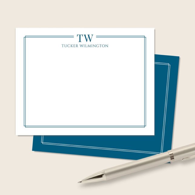 Modern Two Initials Ocean Blue Border Stationery Card (Creator Uploaded)